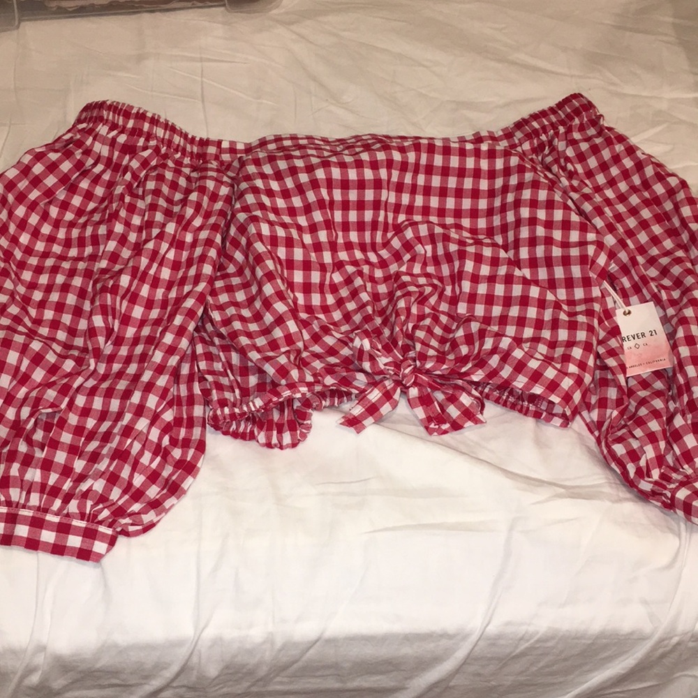 Cropped plaid off the shoulder shirt